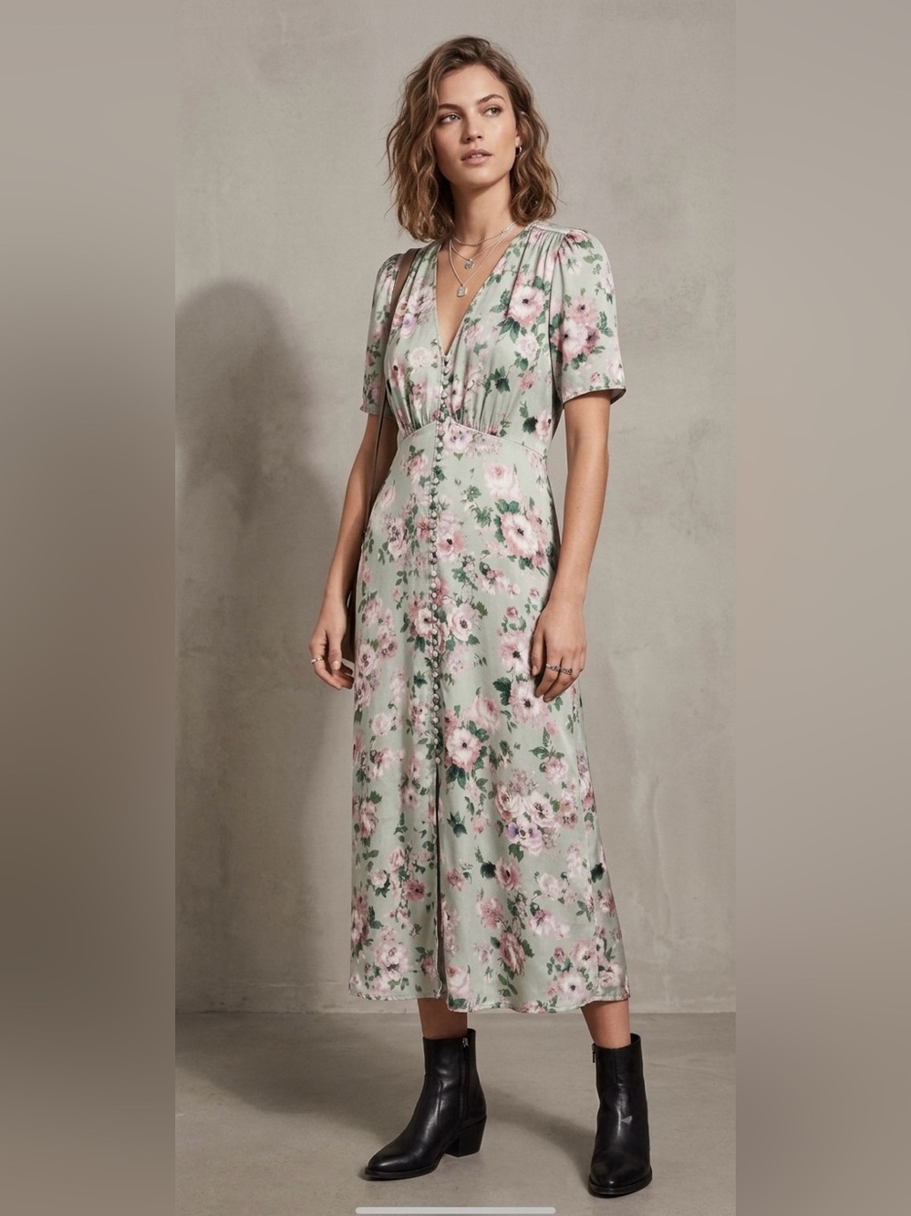 NWT The Kooples Green Floral Print Short Sleeve Midi Dress Size Large